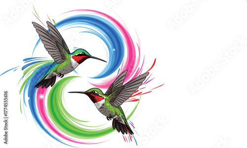 Two Hummingbirds Flying in a Dynamic Colorful Swirl Vector Illustration