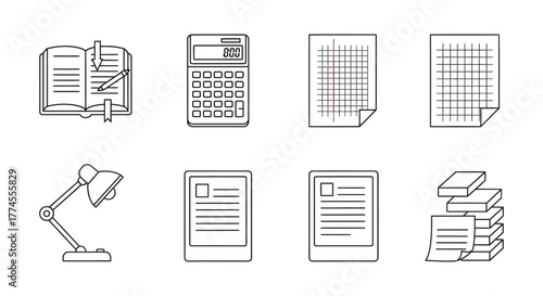 Studying with desk lamp book calculator  papers for success in education offering knowledge resources office supplies  academic study aids.