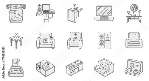 smart home furniture icons bed desk tv kitchen and armchairs featuring connected technology for a modern automated lifestyle digital interfaces