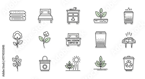 Sustainable living icons for eco-friendly lifestyle featuring compost bin  recycling promoting green home and environmental responsibility suitable for blogs