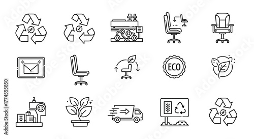sustainable office furniture icons illustrating eco-friendly practices manufacturing recycling and delivery for green business promoting environmental responsibility