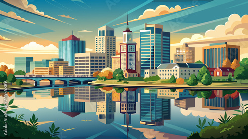 Very beautiful panoramic view of Cedar Rapids, Iowa, USA, featuring the downtown cityscape along the Cedar River, with modern buildings reflecting on calm waters under a clear sky.