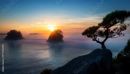 misty sunrise over ocean islands with silhouetted tree and rocky outcrop