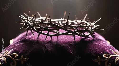 Close-up of a crown of thorns on a purple cloth with golden embroidery representing the Solemnity of Christ the King.