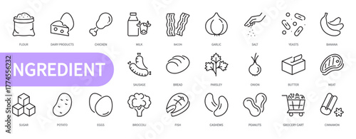 Ingredient & products icon set. Flour, chicken, milk, bacon, garlic, salt, yeasts, meat, cinnamon, banana, bread, butter, sugar, potato, eggs, fish, cashews, etc. Editable stroke. Vector illustration.