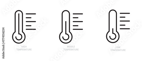 Thermometer line icon set. Weather forecast & climate concept. Low, middle and high temperature sign, symbol. Isolated on a white background. Editable stroke. Flat design. Vector illustration.