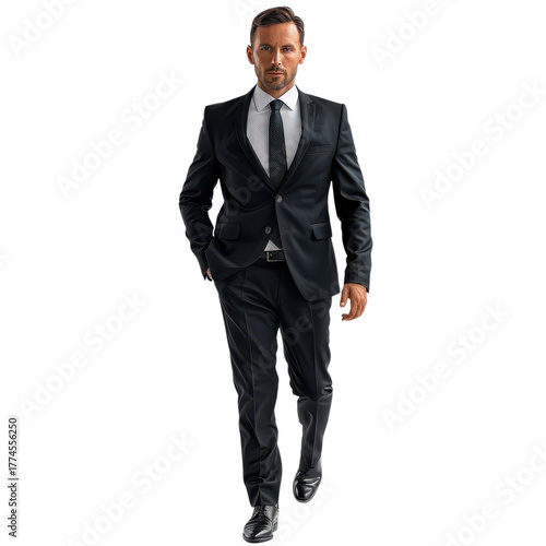 Stylish man walking confidently in a sleek black suit with a tie on a plain background on transparent background