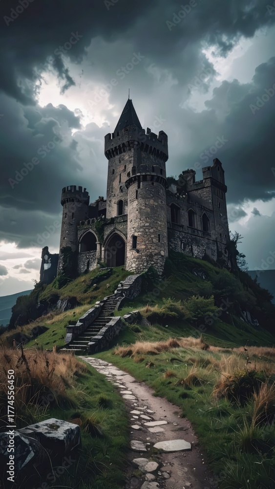 Fototapeta premium Majestic Ruined Castle Under Dramatic Clouds at Dusk