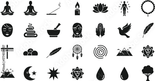 Collection of spiritual and mystical symbols including yoga meditation figures incense candle lotus flower and more isolated on transparent background