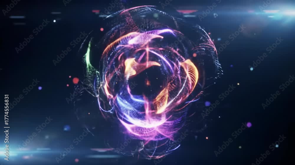 Futuristic, abstract, dynamic digital animation: an intricate, spherical vortex of intensely luminous data streams and shimmering particles in vibrant electric colors, against a deep black void with