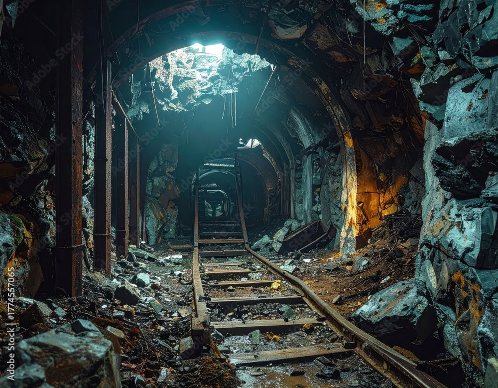 Naklejka premium Abandoned Mine Passage with Rusty Tracks and Atmospheric Lighting