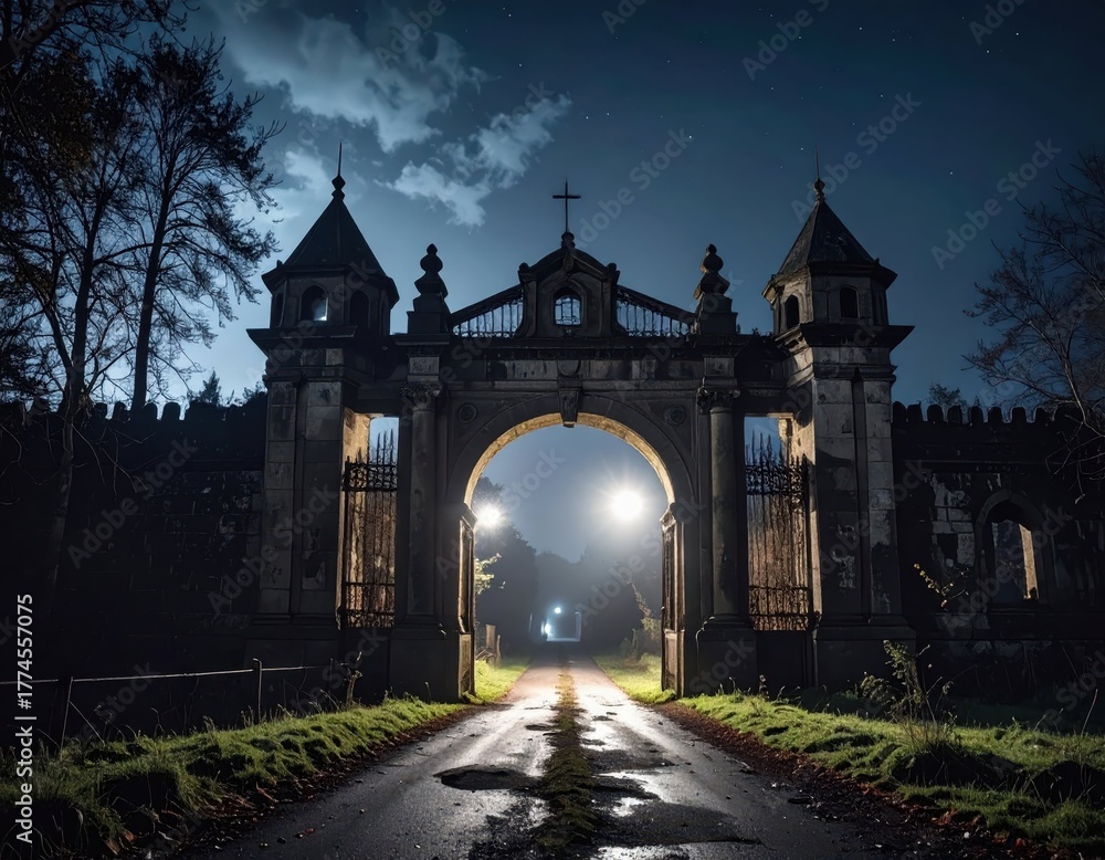Fototapeta premium Eerie Night Landscape of Abandoned Gate Under Moonlight