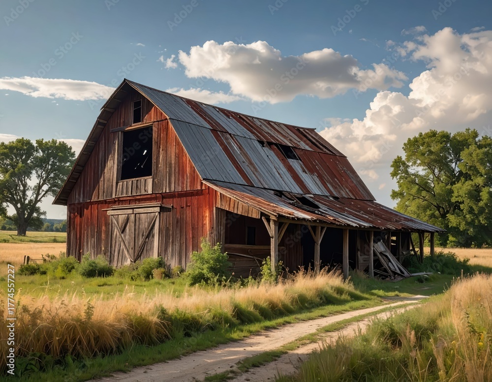 Obraz premium Rustic Red Barn Surrounded by Golden Fields and Blue Sky
