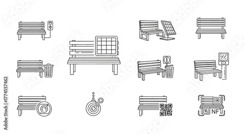 smart bench icons an innovative bench with charging stations and qr codes for sustainable urban furniture modern design and public amenities for cityscapes