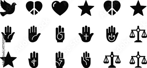 Collection of diverse symbolic icons including peace doves hearts stars and justice scales isolated on transparent background