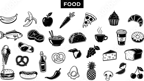 Food Icons: Black and White Illustration of Various Foods