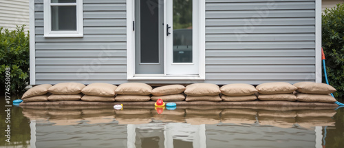 Flooded house sandbags water level residential area emergency response safety measures floating toys home protection natural disaster suburban