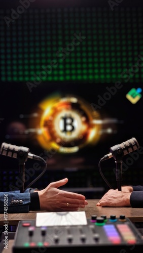 Two people are engaged in conversation at a podcast studio setting.