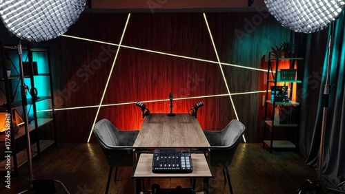 Two stylish chairs and a wooden table are set up in a modern studio, illuminated by dramatic lighting. Audio equipment is ready for podcasting sessions, creating a creative atmosphere.