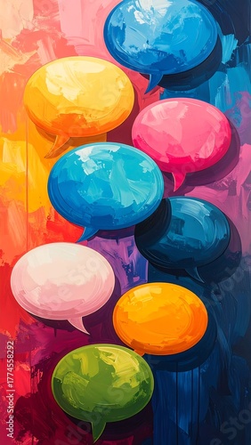 Abstract painting Colorful, overlapping speech bubbles on a vibrant, textured backdrop