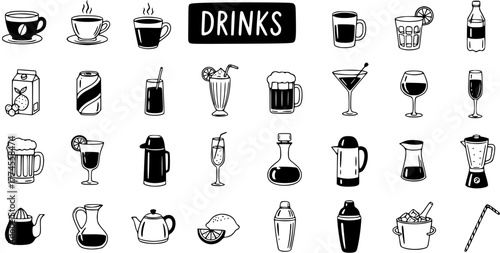 Hand Drawn Drinks Icons Collection. Sketchy Set of Various Beverages like Coffee, Tea, Juice, Soda, Beer, Wine, Cocktails, and Bar Accessories Doodles.