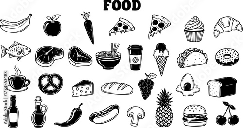 Black and white line art food icon set with various healthy and junk food items like fruits, vegetables, meat, pizza, and drinks for culinary designs