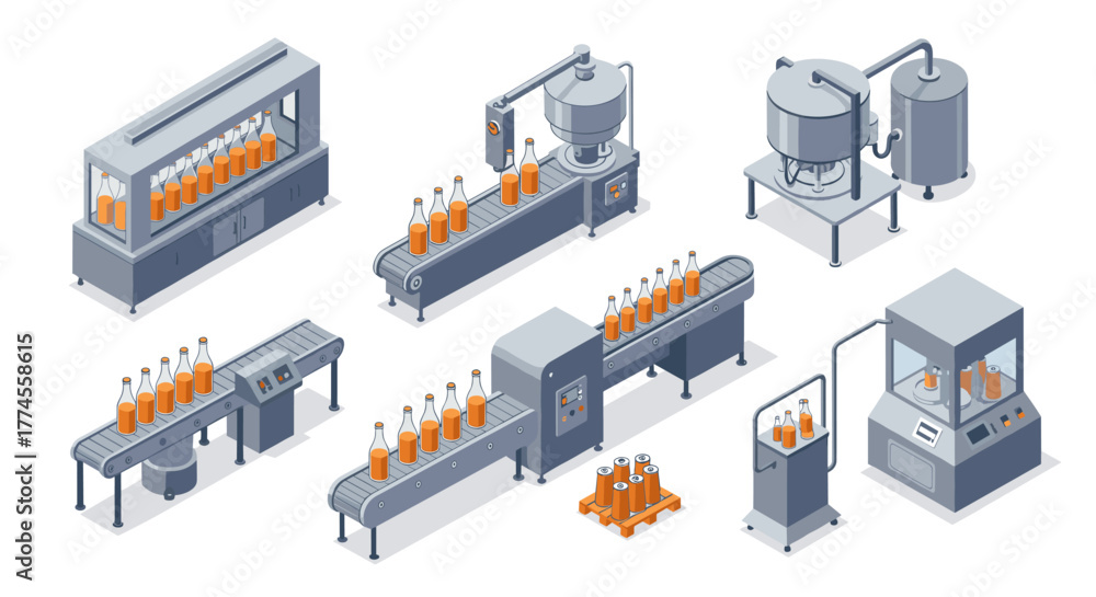 Obraz premium Isometric beverage production line with conveyor belts and machinery