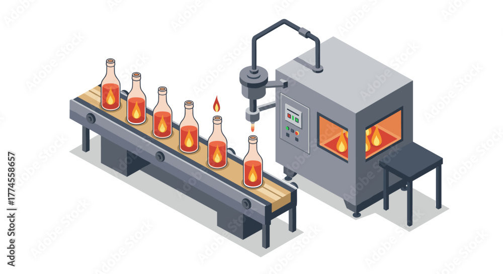 Obraz premium Isometric glass bottle manufacturing process on industrial conveyor