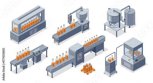 Isometric beverage production line with conveyor belts and machinery