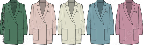 Colorful Fashion Illustration Trendy Women's Blazer Designs in Various Pastel Shades for Style