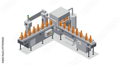 Isometric bottle filling factory machine with conveyor belt