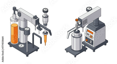 Laboratory equipment isometric design with industrial tools and scientific instruments