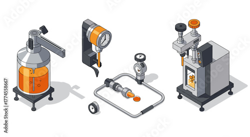 Isometric set of industrial laboratory equipment with pressure gauges and valves