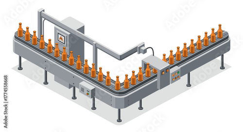 Automated bottling production line conveyor with isometric design