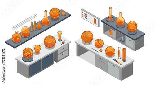 Isometric chemistry lab with geometric glassware and modern equipment