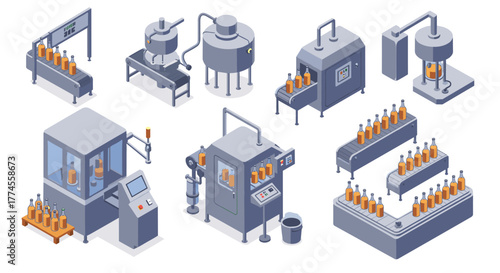 Modern factory equipment for beverage production in isometric design