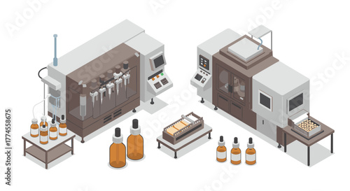Isometric factory equipment with bottling and packaging machines