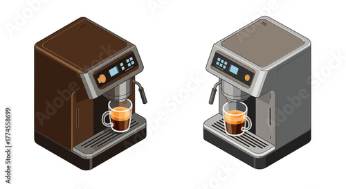 Modern isometric coffee maker designs with espresso shot and digital controls