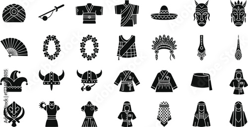Collection of diverse cultural and historical clothing and headwear icons isolated on transparent background