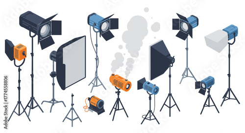 Isometric photography lighting equipment setup with softboxes and spotlights