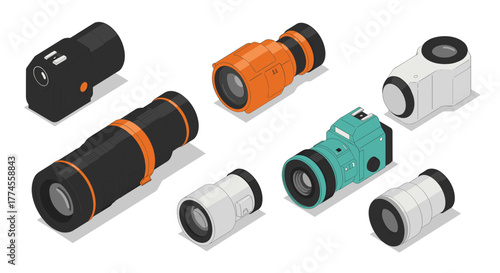 Isometric camera and lens collection featuring colorful photography equipment in modern design