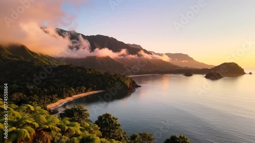 Coastal landscape with mountains and ocean at sunset showcasing natural beauty and serene environment