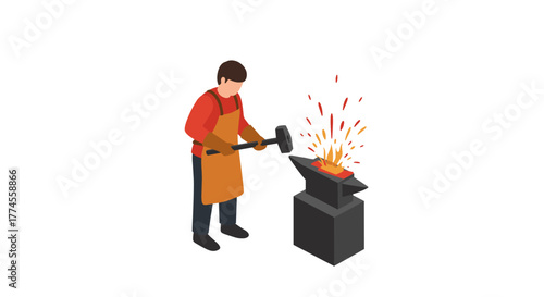 Isometric blacksmith at work with anvil and hammer in workshop scene