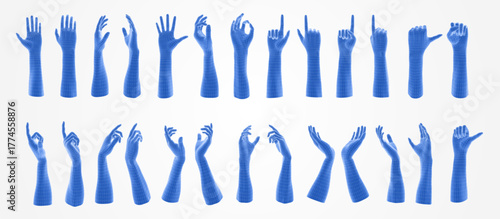 Abstract 3D vector set of digital hands, gestures in AI and human interaction concept. Blue wireframe palms with node connections. Futuristic AR technology, cyber communication, VR innovation design.