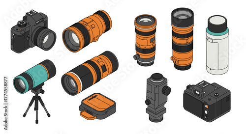 Isometric camera equipment set with lenses, camera bodies, and accessories