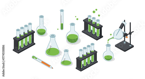 Isometric laboratory glassware with green liquid and test tubes