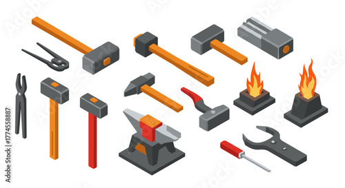 Isometric tool collection featuring hammers, anvil, and forge elements for blacksmithing design