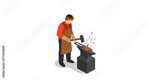 Isometric blacksmith working at forge with sparks and anvil in workshop scene