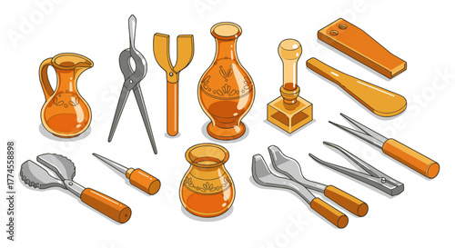 Ceramic pottery tools with decorative vases in isometric style