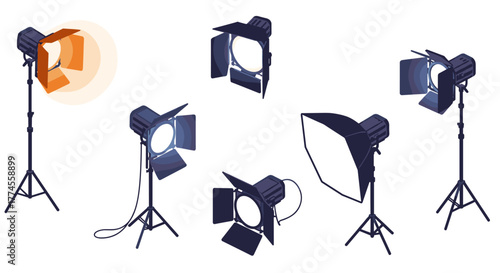 Variety of studio lighting equipment on tripods in realistic style